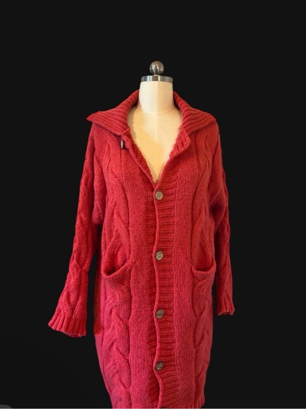 Red Cable Knit Button-Front Women's Sweater Coat